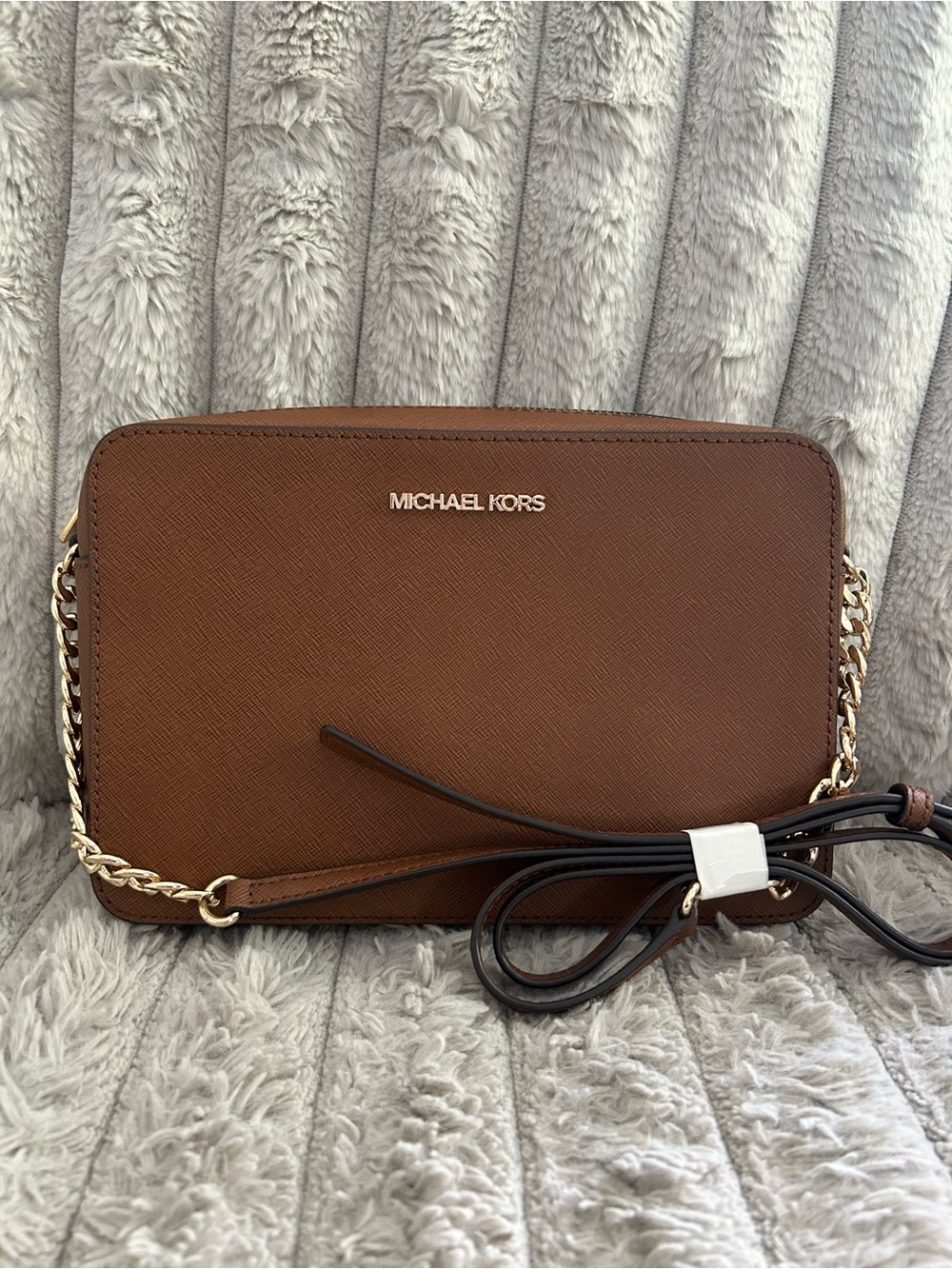 Michael Kors Jet Set Travel Large Saffiano Leather Crossbody Brown Gold